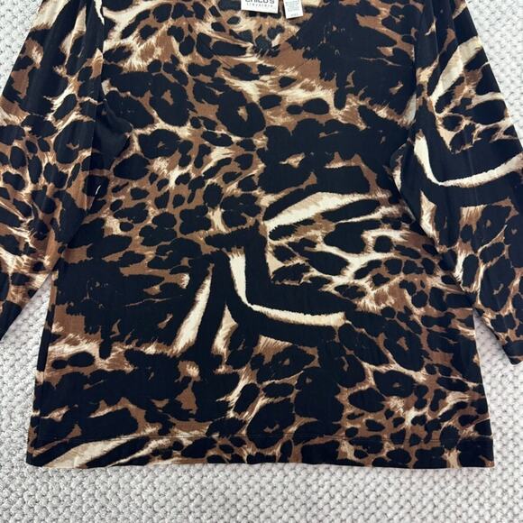 Chicos Travelers Top Womens 3 XL/16 Brown Animal Print Scoop Neck 3/4 Sleeve - Picture 4 of 12